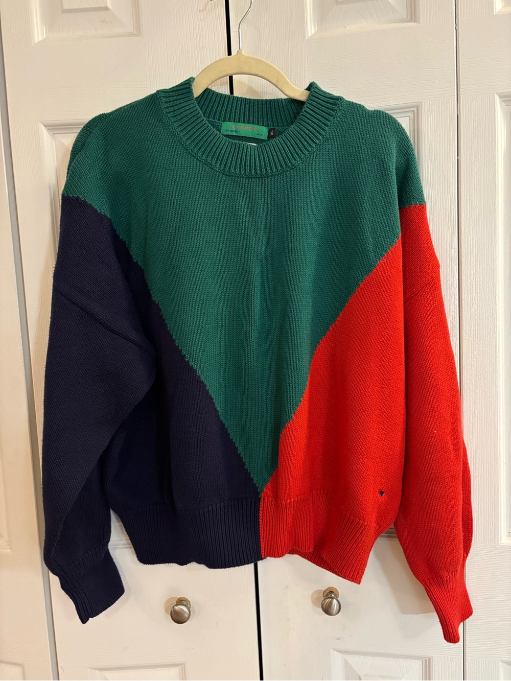 Clare V Colorblock Crewneck Sweater in Green, Red & Navy